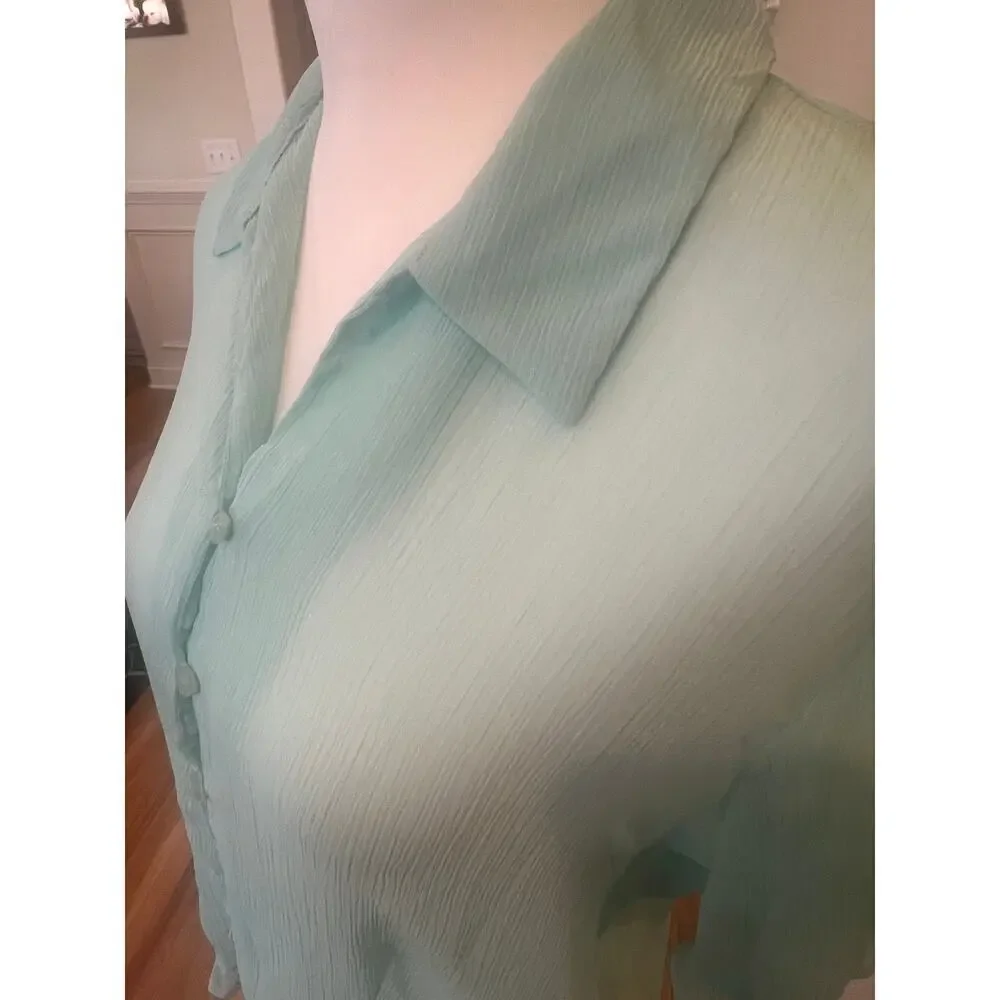NOTATIONS sheer TURQUOISE RUFFLED button up top womens size large - Picture 4 of 8